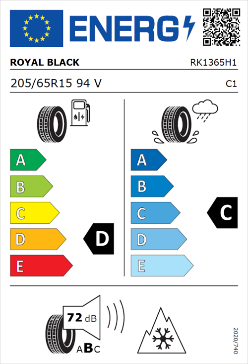 Tyre Label for Royal Black Royal A/S 205/65R15 94V