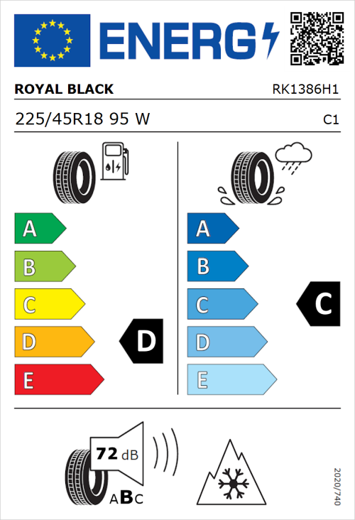 Tyre Label for Royal Black Royal A/S 225/45R18 95W