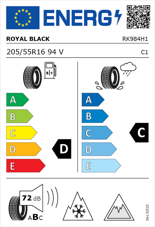 Tyre Label for Royal Black Royal A/S 205/55R16 94V