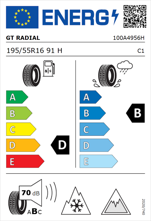 Tyre Label for GT Radial WinterPro 2 evo 195/55R16 91H
