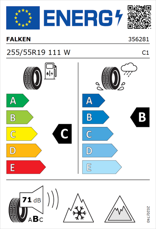 Tyre Label for Falken Euroall Season AS220 PRO 255/55R19 111W