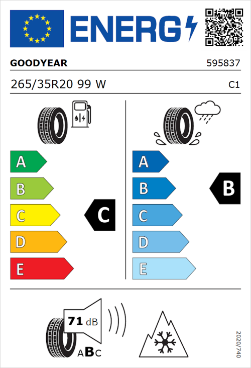 Tyre Label for Goodyear UltraGrip Performance 3 265/35R20 99W