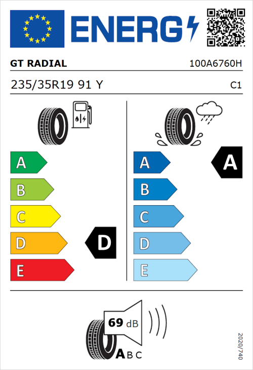 Tyre Label for GT Radial SportActive 2 Evo 235/35R19 91Y