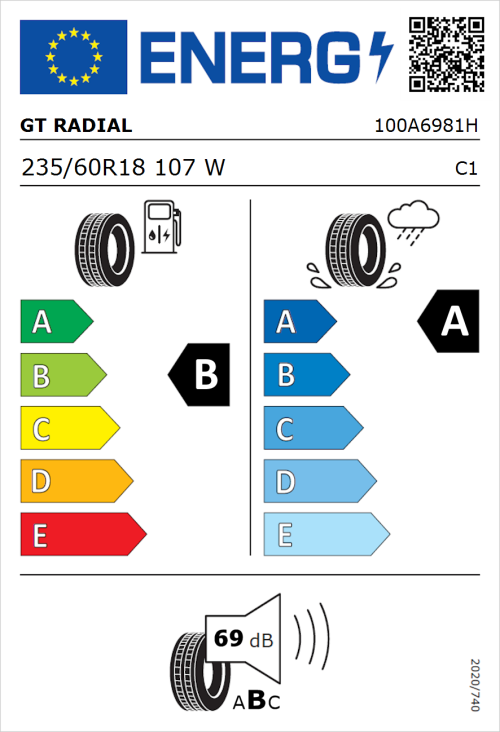 Tyre Label for GT Radial FE2 Evo 235/60R18 107W