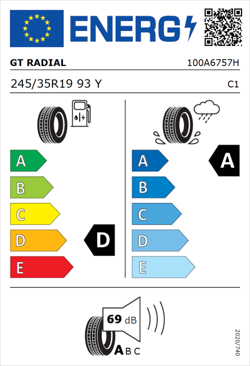 Tyre Label for GT Radial SportActive 2 Evo 245/35R19 93Y