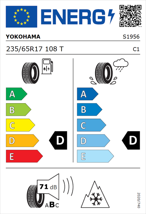Tyre Label for Yokohama Geolandar A/T 4 (G018) 235/65R17 108T