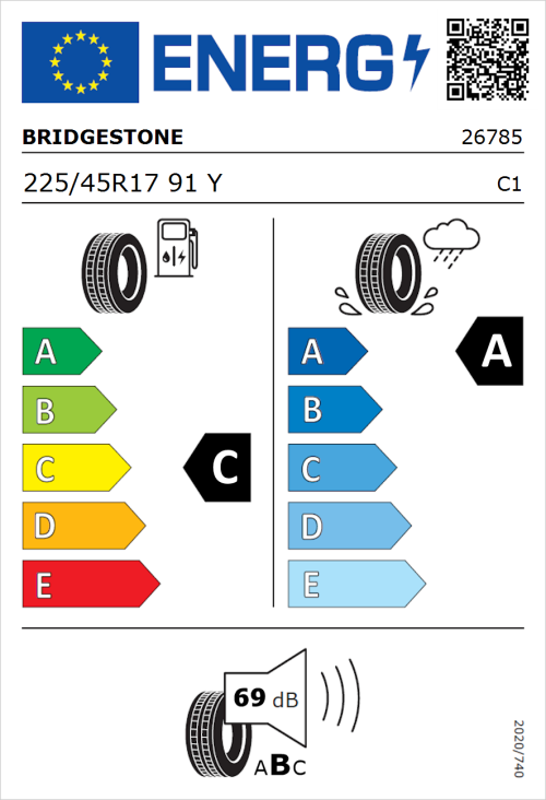 Tyre Label for Bridgestone Turanza 6 225/45R17 91Y
