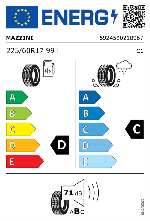 Tyre Label for Mazzini Ecosaver 225/60R17 99H