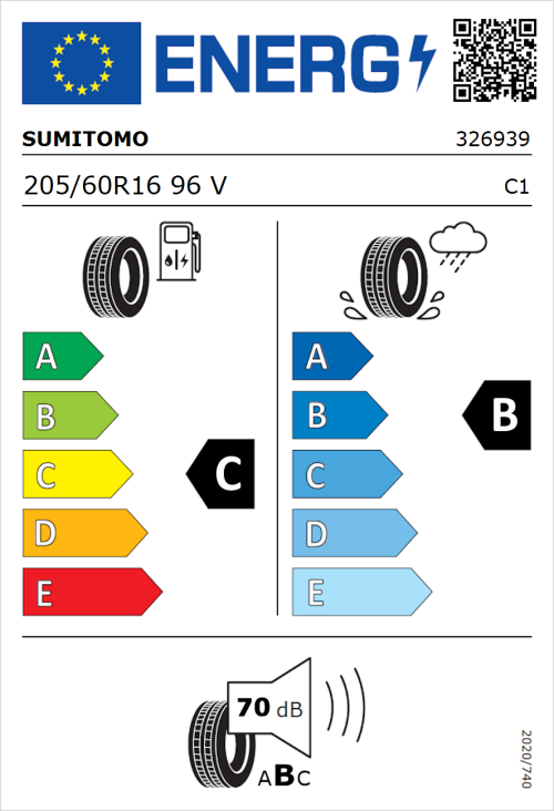 Tyre Label for Sumitomo BC100 205/60R16 96V
